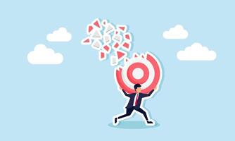 A businessman holds a broken target board with pieces scattering, illustration of saving business targets from danger and business problems vector