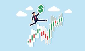 A businessman carrying a dollar sign jumping over a stock chart, illustration of progress in increasing dollar investment assets vector