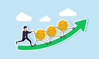 A businessman pushes a row of shopping carts filled with bitcoin on a rise green chart, illustration of buy many bitcoin for invest with trends and issues that can increase valuation vector
