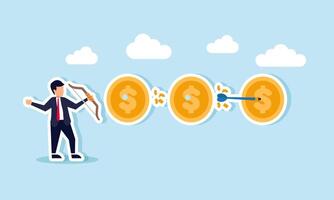 Businessman shooting arrows at a row of dollar coins, illustration of targeting investments in multiple business assets vector