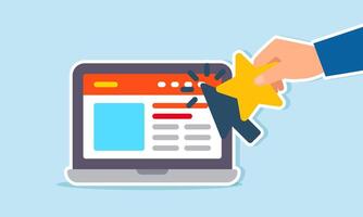Showing a heart to a cursor pointing at a marketplace website on a laptop, illustration of giving ratings to a business platform site vector