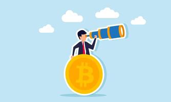 A businessman peers through a bitcoin, illustration of monitoring bitcoin valuation movements vector