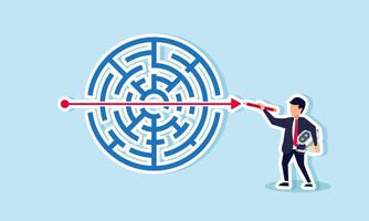 A businessman carrying an AI robot and pencil drawing a straight line on a labyrinth, illustration of AI implementation solving business problems effectively and efficiently vector