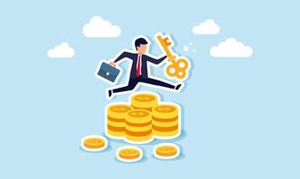 A businessman jumps over a pile of dollar coins while holding a key, illustration of the cost to obtain solutions for business problems vector