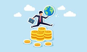 A businessman jumps over a pile of dollar coins while holding a globe, illustration of saving the earth from business habits that focus only on profit and revenue vector
