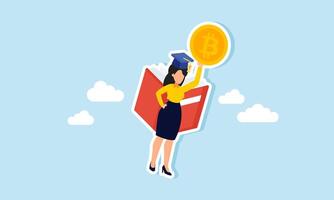 A businesswoman graduate with a graduation cap flying using a book and holding a bitcoin, illustration of bitcoin literacy enabling analysis of bitcoin performance vector