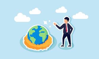 A businessman stands next to a bird's nest containing a globe, illustration of caring for and protecting the Earth to ensure business practices support going green vector