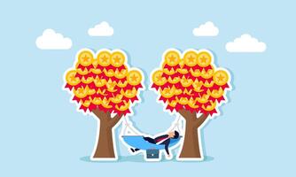 A businessman relaxes in a hammock tied to two award medal trees, illustration of enjoying business performance with numerous awards for achievements vector