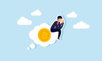 businessman feeling sad, sitting on a cloud of dreams that contains bitcoin, illustration of sadness due to failure in implementing bitcoin investments vector