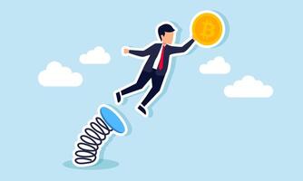 A businessman holds a bouncing bitcoin flying off a springboard, illustration of increasing bitcoin valuation vector