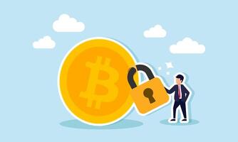 A businessman stands beside a bitcoin locked with a padlock, illustration of an international financial strategy requiring all business transactions in bitcoin vector