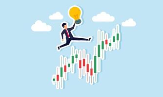 A businessman carrying a lit lamp jumping over a stock chart, illustration of investment progress driven by business ideas and innovations vector