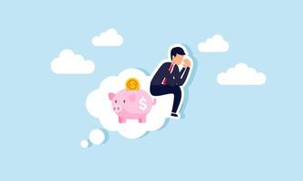 businessman feeling sad, sitting on a cloud of dreams that contains a piggy bank, illustration of sadness due to failure in implementing business investments vector