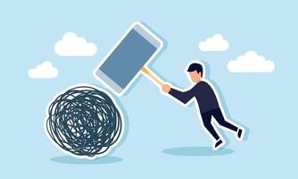 A businessman tries to strike a chaotic shape with a giant hammer, illustration of breaking free from poor habits in unstructured business management vector