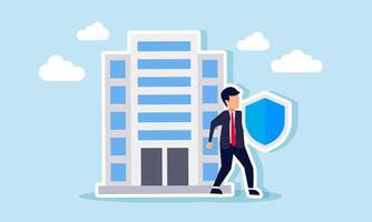A businessman holds a shield and stands beside a business building, illustration of the importance of business asset insurance against potential damage and operational errors vector