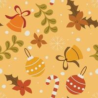 New Year seamless pattern with balls, candies and flowers form a festive seamless pattern for modern wrapping paper. vector