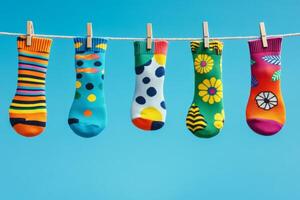 A row of colorful socks with playful patterns hangs on a clothesline against a bright blue sky photo