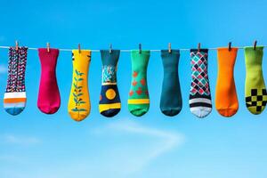 A row of colorful socks with various playful patterns hangs on a clothesline against a bright blue sky photo