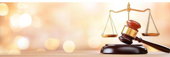A wooden gavel and golden balance scale, iconic symbols of justice, are displayed against a warm, softly lit background photo