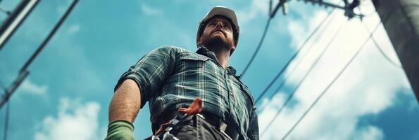 A low-angle shot of a male utility worker in his 30s wearing a hard hat and safety gear photo