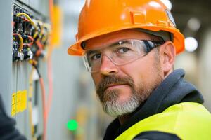 A middle-aged male electrician with a beard, wearing an orange hard hat, protective goggles, and a high-visibility vest photo