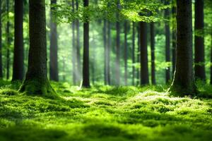 A peaceful forest scene with sunlight streaming through tall trees, illuminating a lush, moss-covered forest floor photo