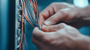 Close-up of an electricians hands connecting wires inside a circuit box, highlighting precision and technical skill. photo