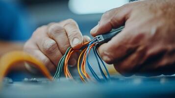 Close-up of a technicians hands working with colorful wires, connecting them to a device. photo