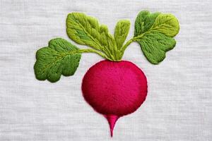 An embroidered red radish with green leaves on a white fabric background photo