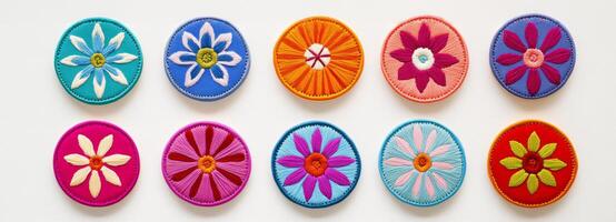 A colorful collection of round embroidered floral patches, each with vibrant, unique designs photo