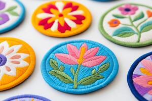 A close-up of colorful embroidered floral patches, each with intricate stitching and vibrant designs photo