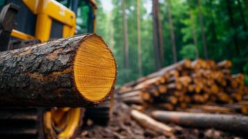 A close-up of freshly cut logs with a forest background, showcasing the logging process photo