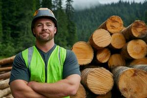 A confident logger stands in front of a stack of freshly cut logs, wearing a hard hat and safety vest. photo