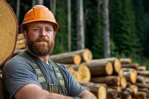 A rugged logger taking a break by a pile of freshly cut logs in a forest photo