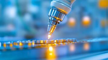 A close-up of a robotic arm assembling components on an advanced manufacturing line photo