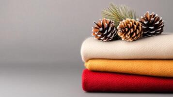 A stack of neatly folded cashmere blankets in warm autumn tones photo