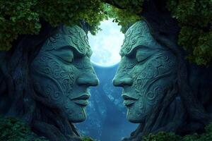 Two mystical tree faces with intricate carvings gaze at each other under the soft glow of the moon photo