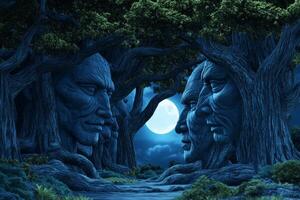 A mystical forest scene where ancient trees bear the carved faces of ancestors, illuminated by moonlight photo