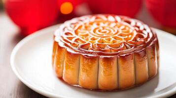 A close-up shot of a beautifully baked mooncake placed on a white plate, with warm red lanterns in the background photo