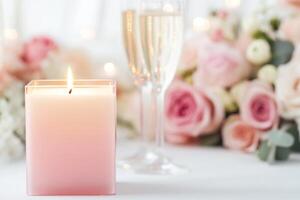A glowing square candle with a soft peach-to-amber gradient on an indoor wedding table, surrounded by white roses photo