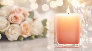 Soft peach-to-amber gradient candle glowing on an elegant wedding reception table with roses and crystal glassware photo