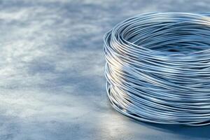 A tightly coiled roll of steel wire resting on a concrete surface, reflecting soft industrial light photo