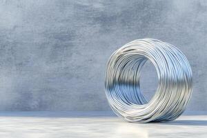 A tightly coiled roll of silver metal wire placed on a smooth concrete surface, reflecting soft light. photo