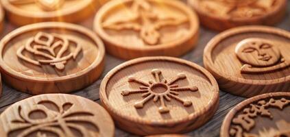 A detailed set of wooden religious symbols representing major world religions, arranged in a circular pattern photo