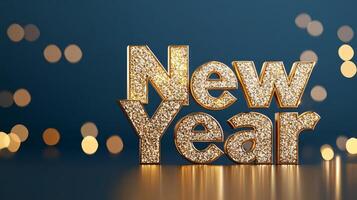 Festive New Year text in shimmering gold, set against a dark blue background with soft bokeh lights photo