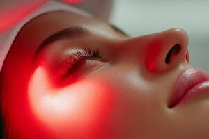 Close-up of a woman's face during a cosmetic laser treatment, illuminated by red light photo