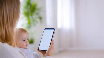 A mother holding her baby while using a smartphone app in a bright, modern home setting. photo