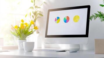 A bright, modern office workspace featuring a computer displaying a benchmarking dashboard photo