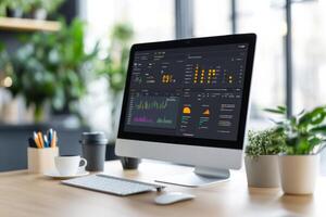 A modern, minimalistic office setup with an ultra-thin monitor displaying a benchmarking dashboard photo