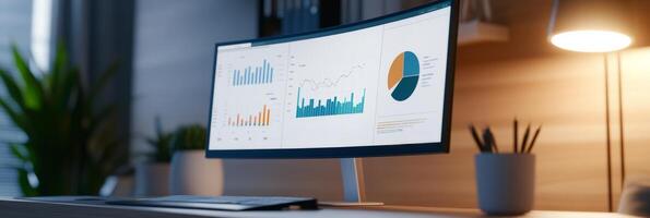 A sleek workstation featuring an ultra-thin monitor displaying a benchmarking dashboard with performance metrics, charts photo